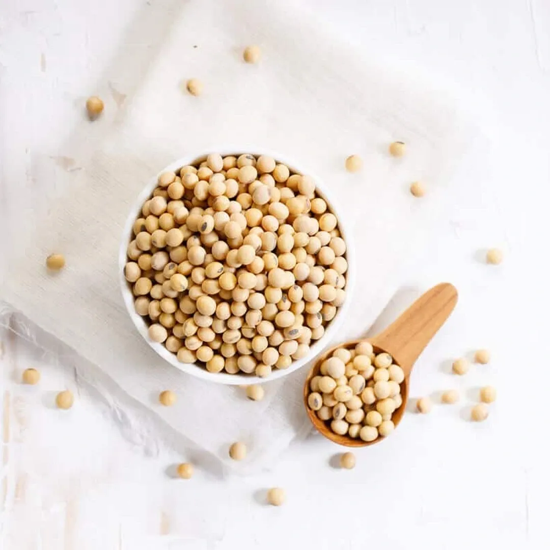 Soybeans in a bowl and a wooden spoon