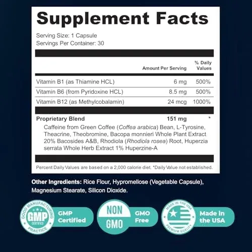 A second MemoMatrix Supplement Facts image: 1 capsule, vitamins B1, B6, B12 and a 151 mg proprietary blend