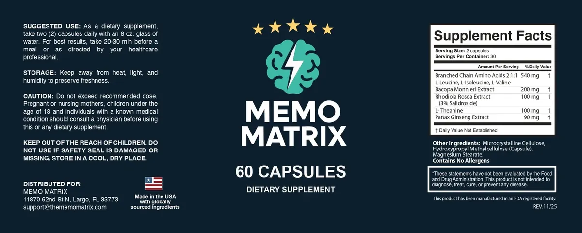 The full MemoMatrix label (REV.11/25): suggested use, caution, distributor, front panel and Supplement Facts